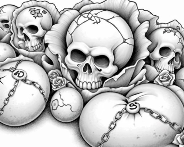 Black-and-white design of skulls and roses with stones