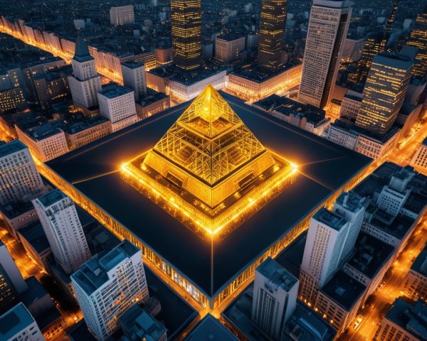 Aerial View of Illuminated Pyramid in Cityscape at Night