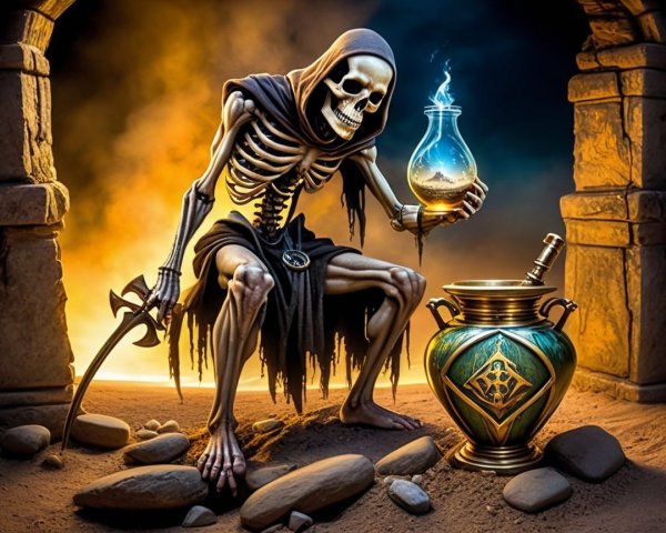 Skeletal Figure with Potion and Sword in Cavern Scene