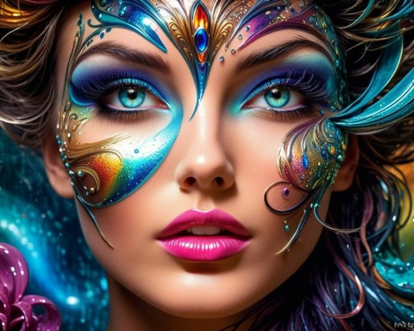 Close-Up of Woman's Face with Vibrant Face Paint