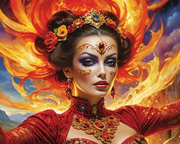 Vibrant Red and Gold Figure Surrounded by Flames