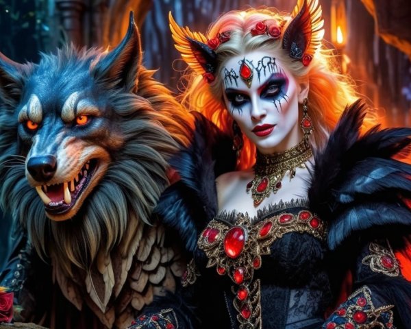 Fierce Woman with Elaborate Makeup and Wolf Creature