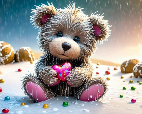 Fluffy Teddy Bear with Heart on Snowy Surface