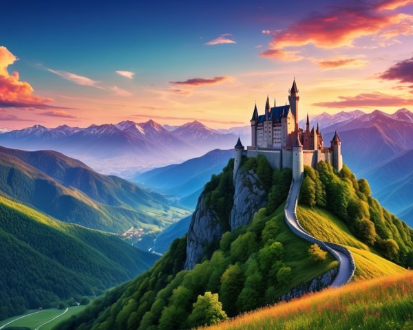 Majestic castle on a hill at sunset with vibrant skies