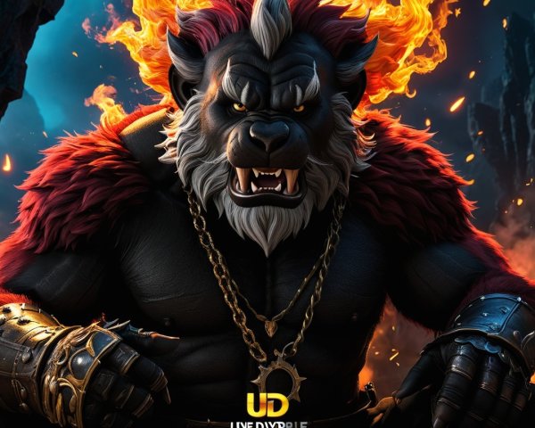 Anthropomorphic Creature in Fiery Armor and Flames