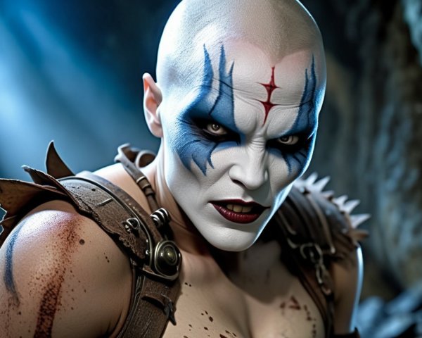 Fierce Bald Character with White Makeup and Blue Designs