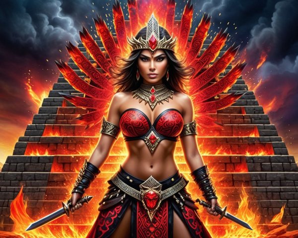 Warrior in Intricate Armor with Swords and Flames
