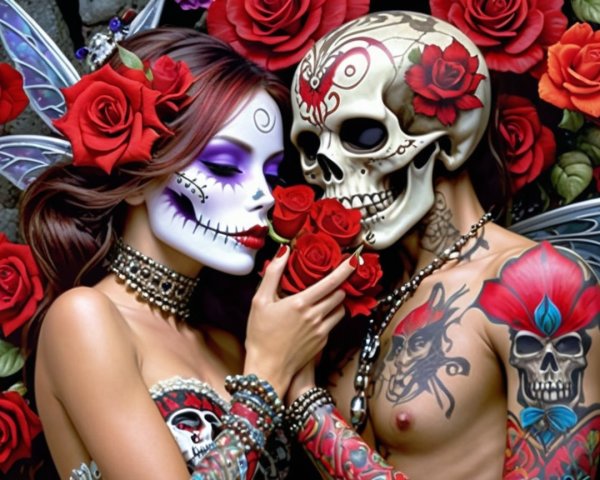 Couple in Day of the Dead Face Paint and Tattoos