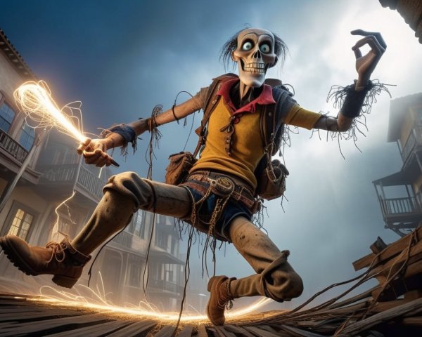 Skeletal Character in Whimsical Western Adventure Scene