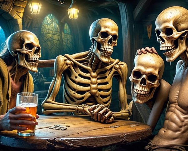 Skeletons Conversing in a Dimly Lit Tavern Setting