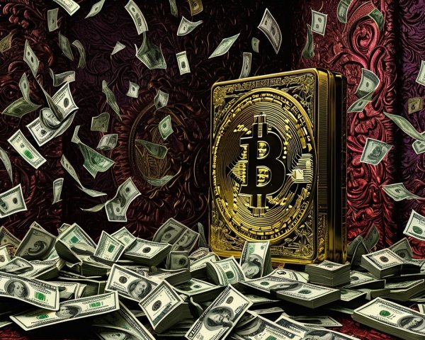 Golden Bitcoin Emblem with Cash Background