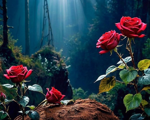 Vibrant Red Roses in a Serene Forest Setting