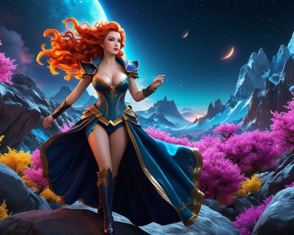 Fantasy Scene of Heroic Woman in Surreal Landscape