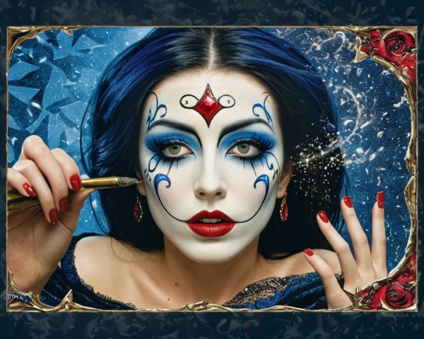 Woman with Jester Face Paint in Bold Colors