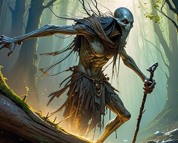Skeletal Figure in Mystical Forest with Dark Magic
