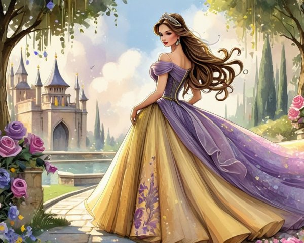 Princess in Vibrant Purple and Gold Gown Near Castle