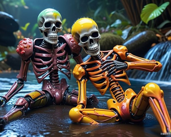 Playful Skeletons Relaxing in a Serene Pond Setting