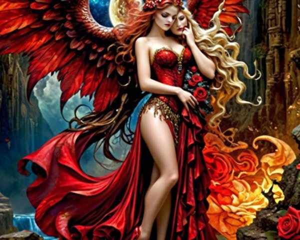 Enchanting Women in Red with Fiery Wings and Roses