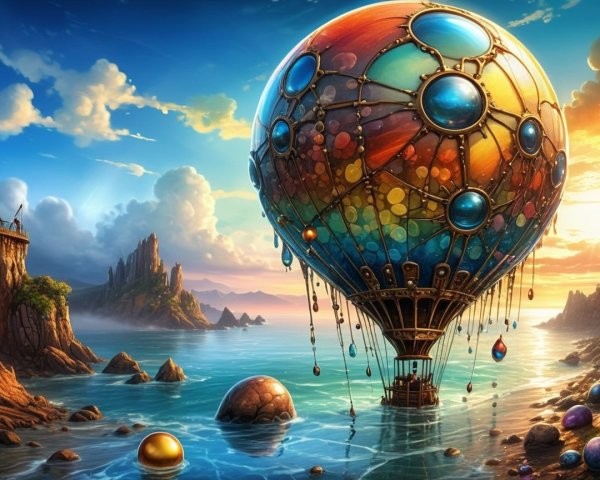 Hot Air Balloon Over Tranquil Sea at Sunset