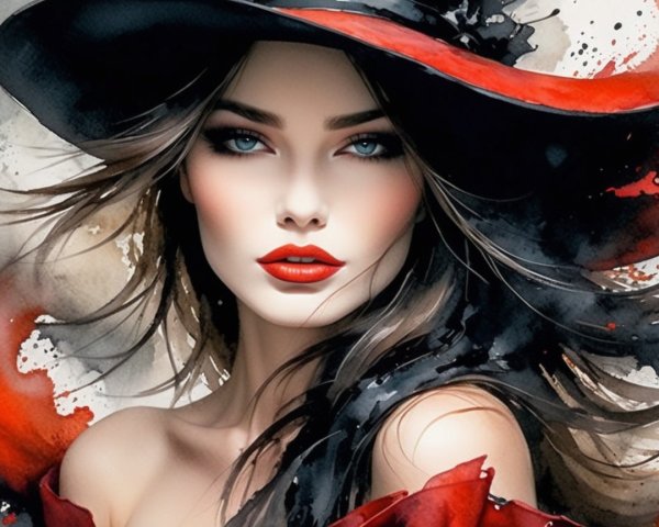Portrait of a Woman in Black Hat with Red Accents