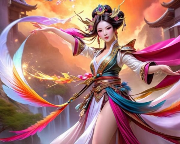 Majestic figure in vibrant outfit in enchanting landscape