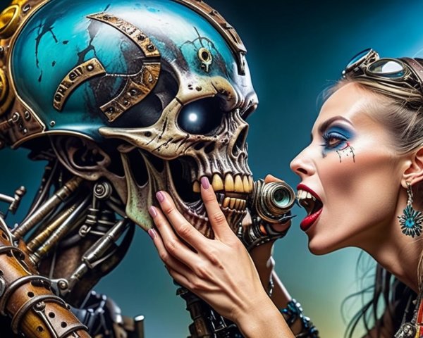 Woman with Steampunk Accessories and Mechanical Skull