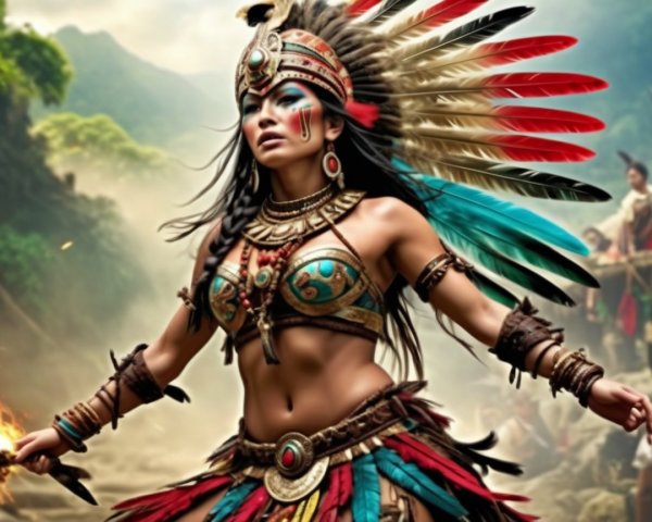 Confident figure in colorful ancient-inspired attire