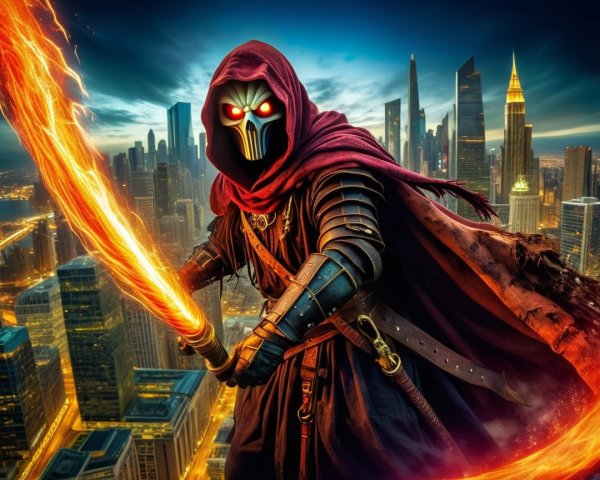 Mysterious Figure in Dark Armor on City Skyline