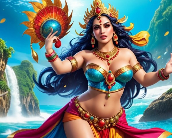 Goddess Figure by Tropical Coastline with Waterfalls