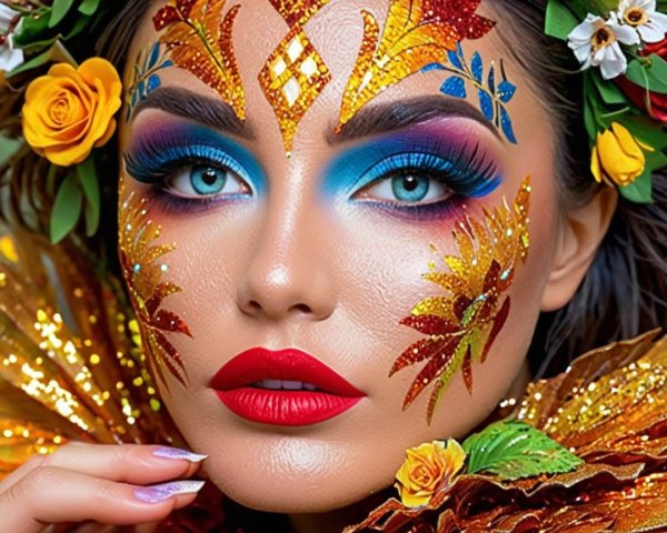 Close-up Portrait of a Woman with Colorful Face Makeup