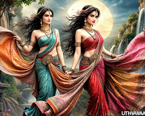 Elegant Women in Colorful Sarees by Waterfalls