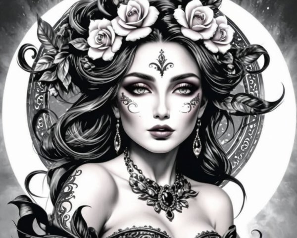 Woman with Face Designs and Rose Crown in Artwork