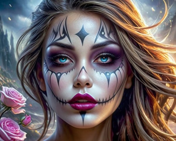 Female figure with sugar skull face paint and roses