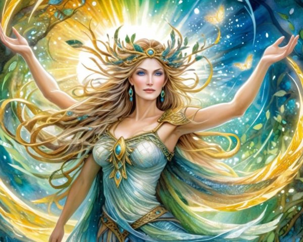 Radiant Figure in Ethereal Garments Amidst Nature