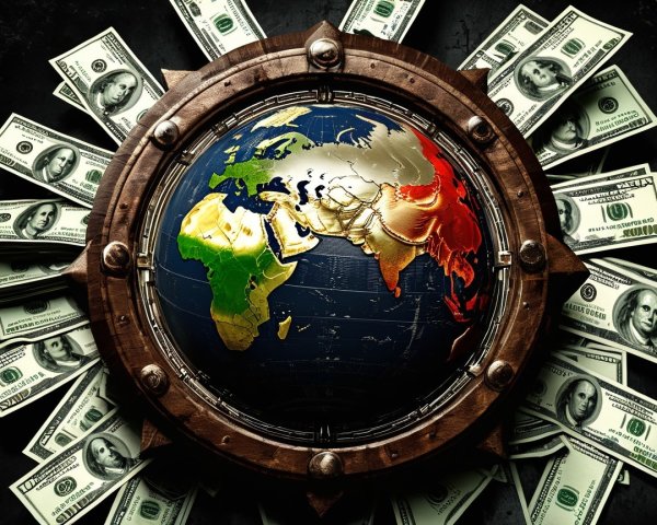 Globe Highlighting Continents Surrounded by Currency