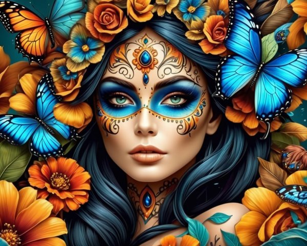 Vibrant Makeup and Floral Crown in Captivating Portrait
