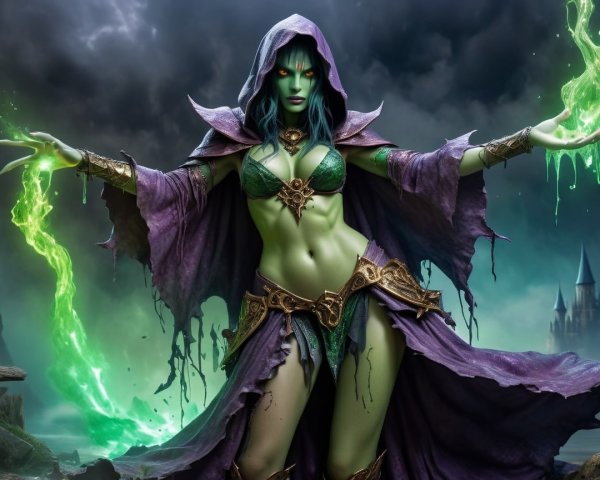 Sorceress in Purple Cloak Conjuring Green Energy
