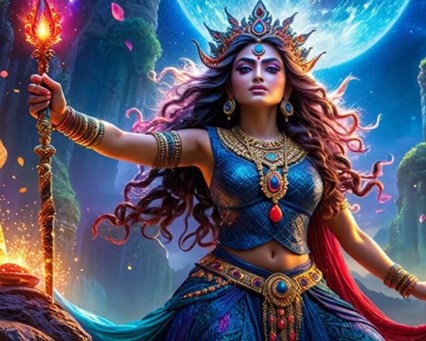 Goddess in Blue Robes in Mystical Landscape at Night