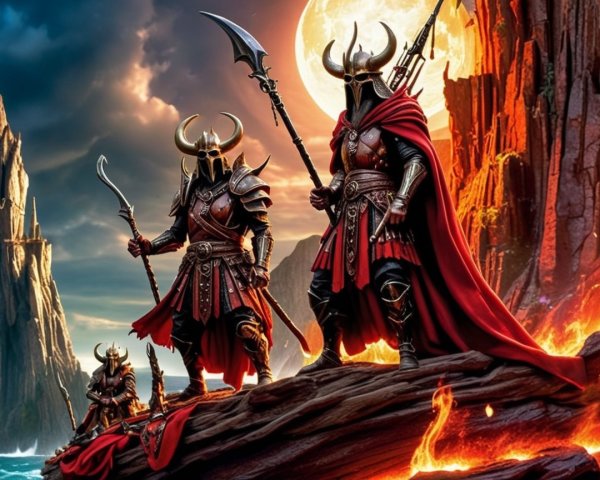 Imposing Figures in Armor on Rocky Outcrop at Night