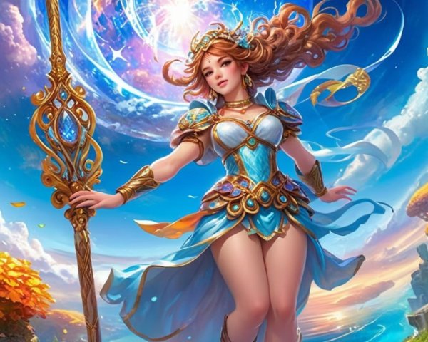 Majestic female figure in blue gown with glowing staff