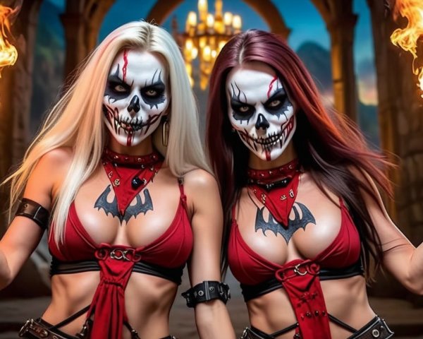 Women with Skeletal Makeup in Gothic Setting