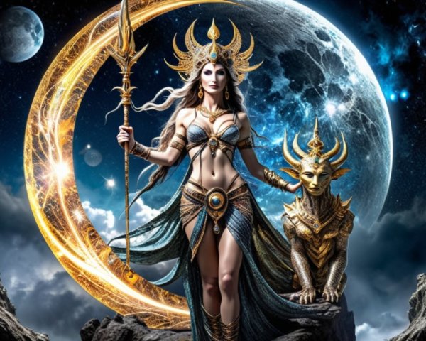 Goddess in Shimmering Outfit with Mystical Backdrop