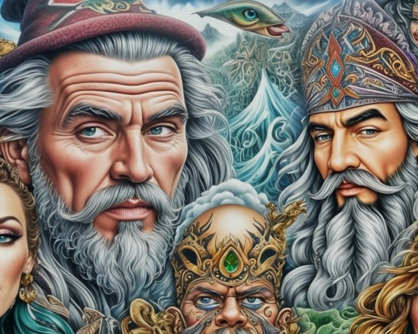 Intricate Illustrations of Bearded Characters in Mythology