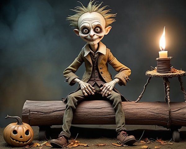 Whimsical Eerie Figure with Pumpkin in Dim Setting