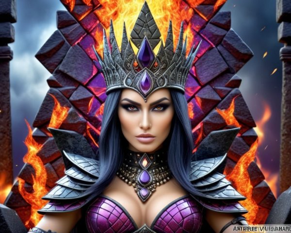 Majestic queen in purple armor on a throne