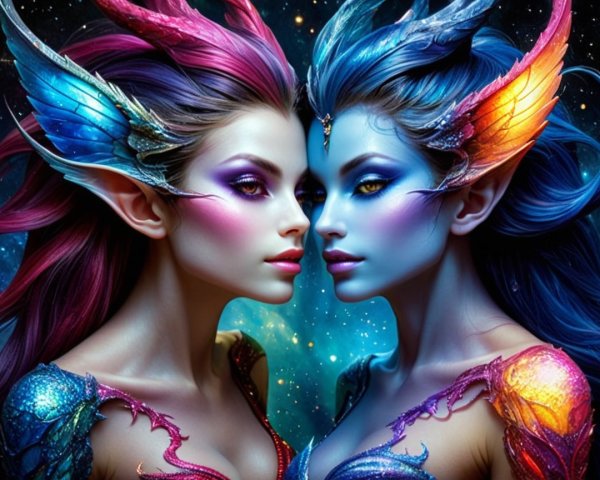 Ethereal Beings with Colorful Hair and Cosmic Background
