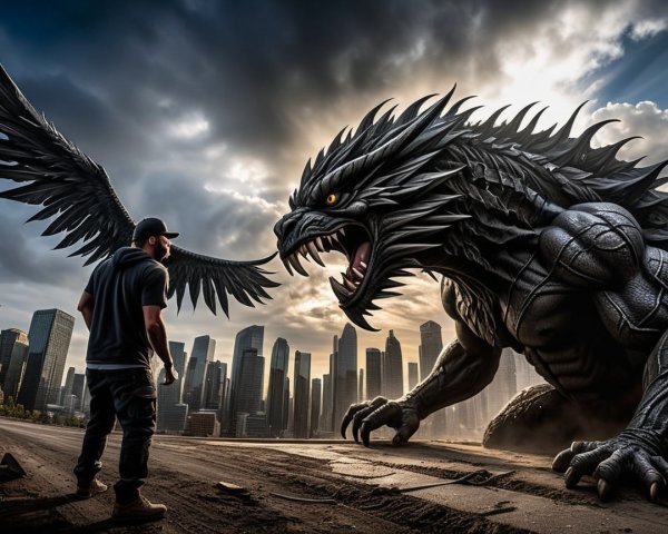 Dragon-like Creature Overlooks Urban Landscape Encounter