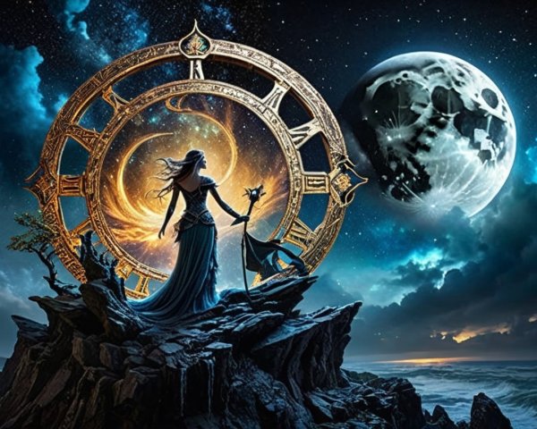 Mystical Figure on Rocky Coastline with Cosmic Scene