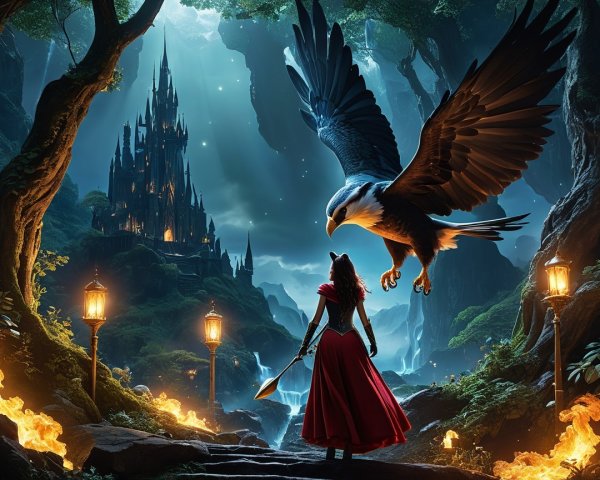 Mysterious figure and castle in a fantasy setting