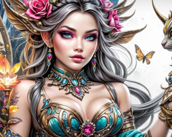 Fantasy Woman with Silver Hair and Turquoise Outfit